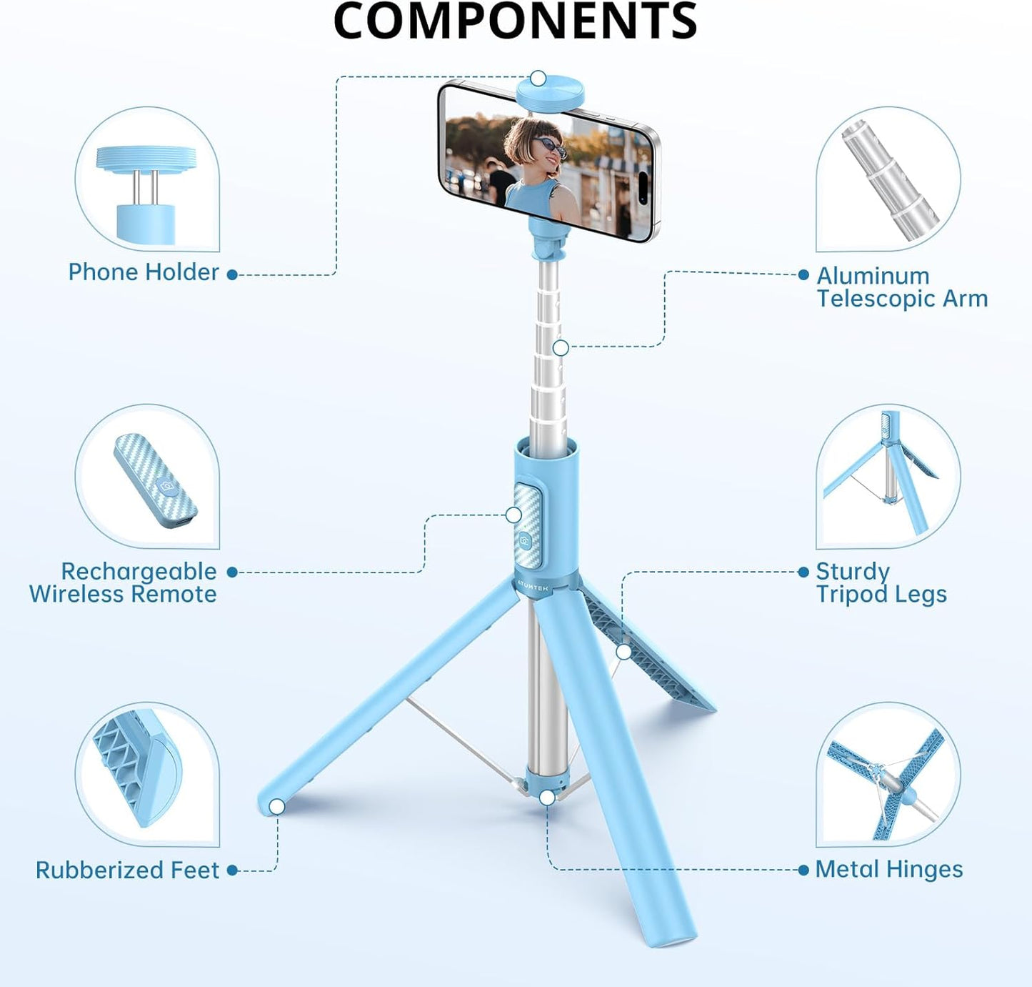 1.4m Selfie Stick Tripod with Rechargeable Bluetooth Remote - Light Blue