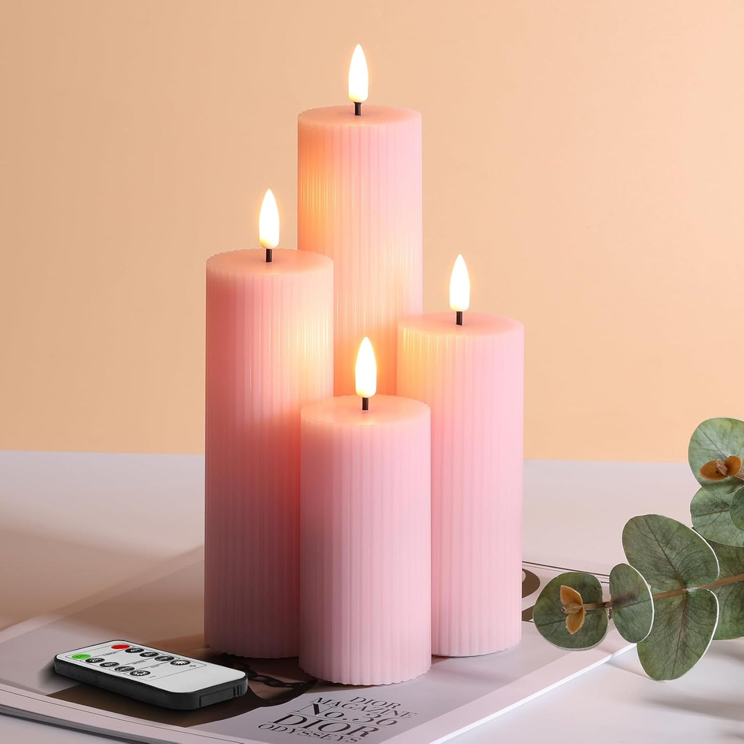 Flameless LED Pillar Candle Set Flickering Remote Battery Pink