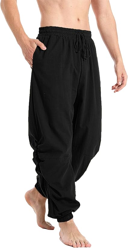 Mens Hippy Yoga Trousers Slim Fit Viking Pants With Pocket Black