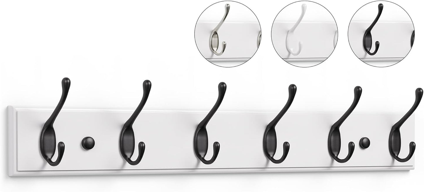 Wall Mounted Coat Rack with 6 Heavy Duty Hooks White Bamboo