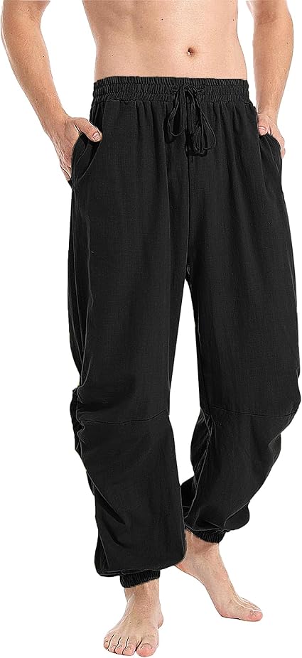 Mens Hippy Yoga Trousers Slim Fit Viking Pants With Pocket Black