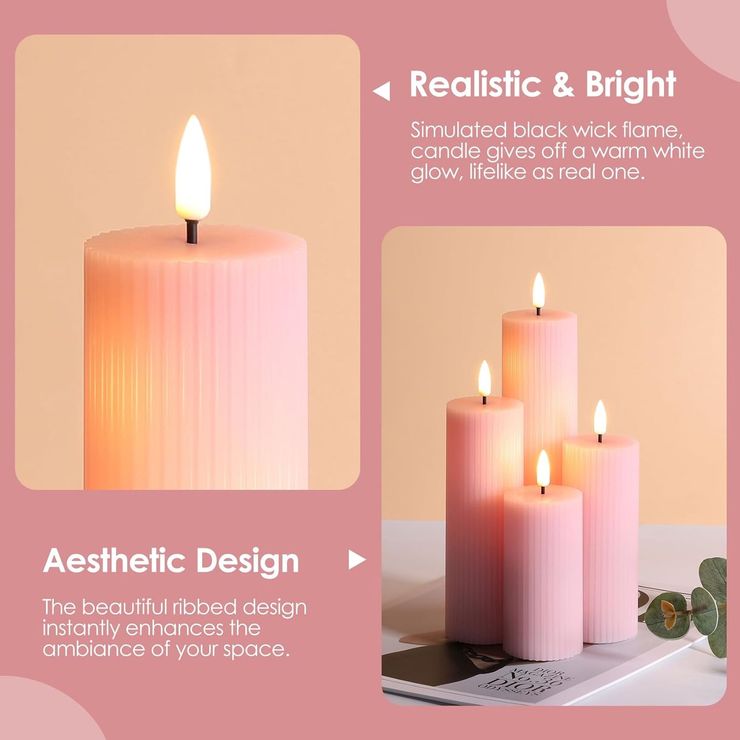 Flameless LED Pillar Candle Set Flickering Remote Battery Pink