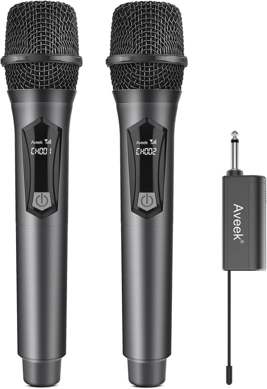 Aveek V8 Wireless Karaoke Mic System – 2 Handheld Mics + Rechargeable Receiver
