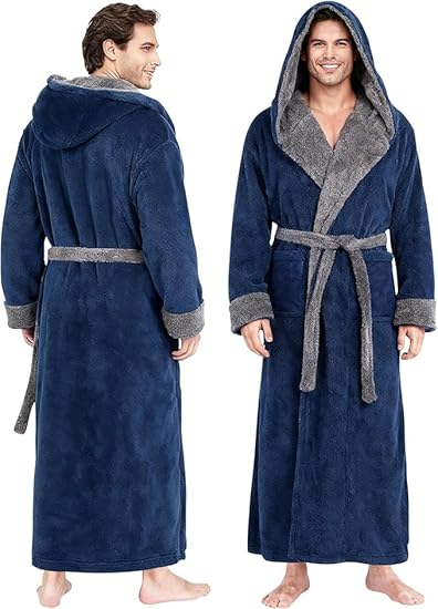 Mens Hooded Dressing Gown Plush Fleece Full Length Bathrobe Warm