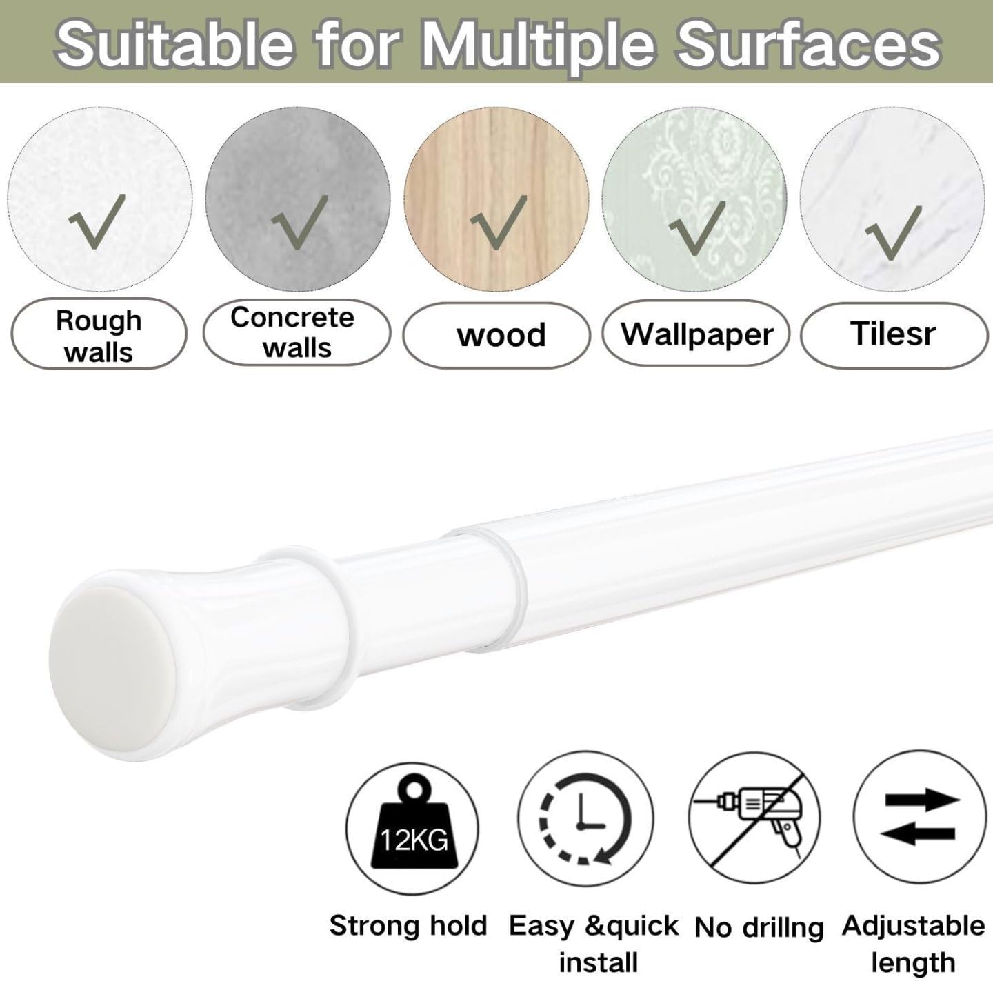 Extendable Shower Curtain Pole Telescopic Tension Rod No Drill 190-410cm