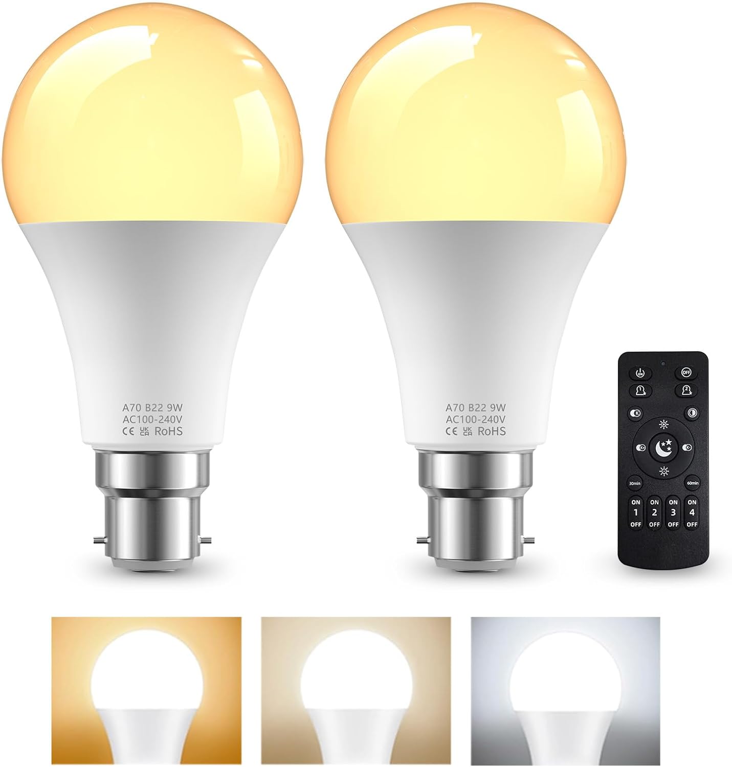 B22 LED Dimmable Light Bulb Remote Stepless 3000K-6000K A70