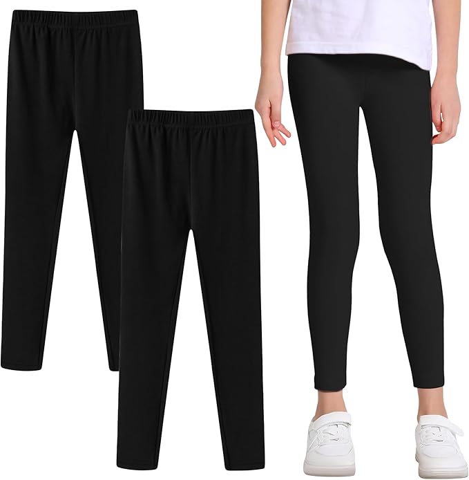 Girls Cotton Leggings 2 Pack Full Length Elastic Waist Black 8-9