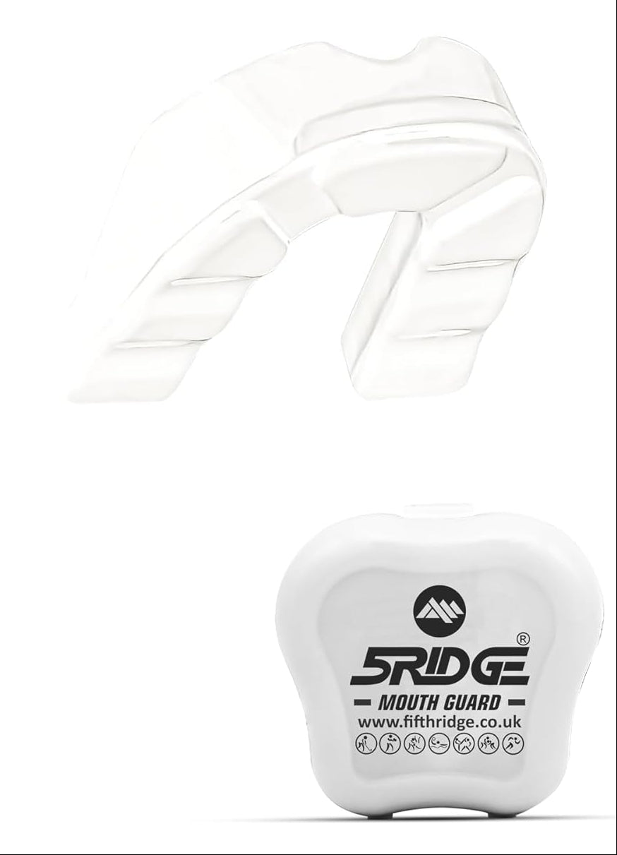 Set of mouth guards in various colors with a white carrying case on a white background.