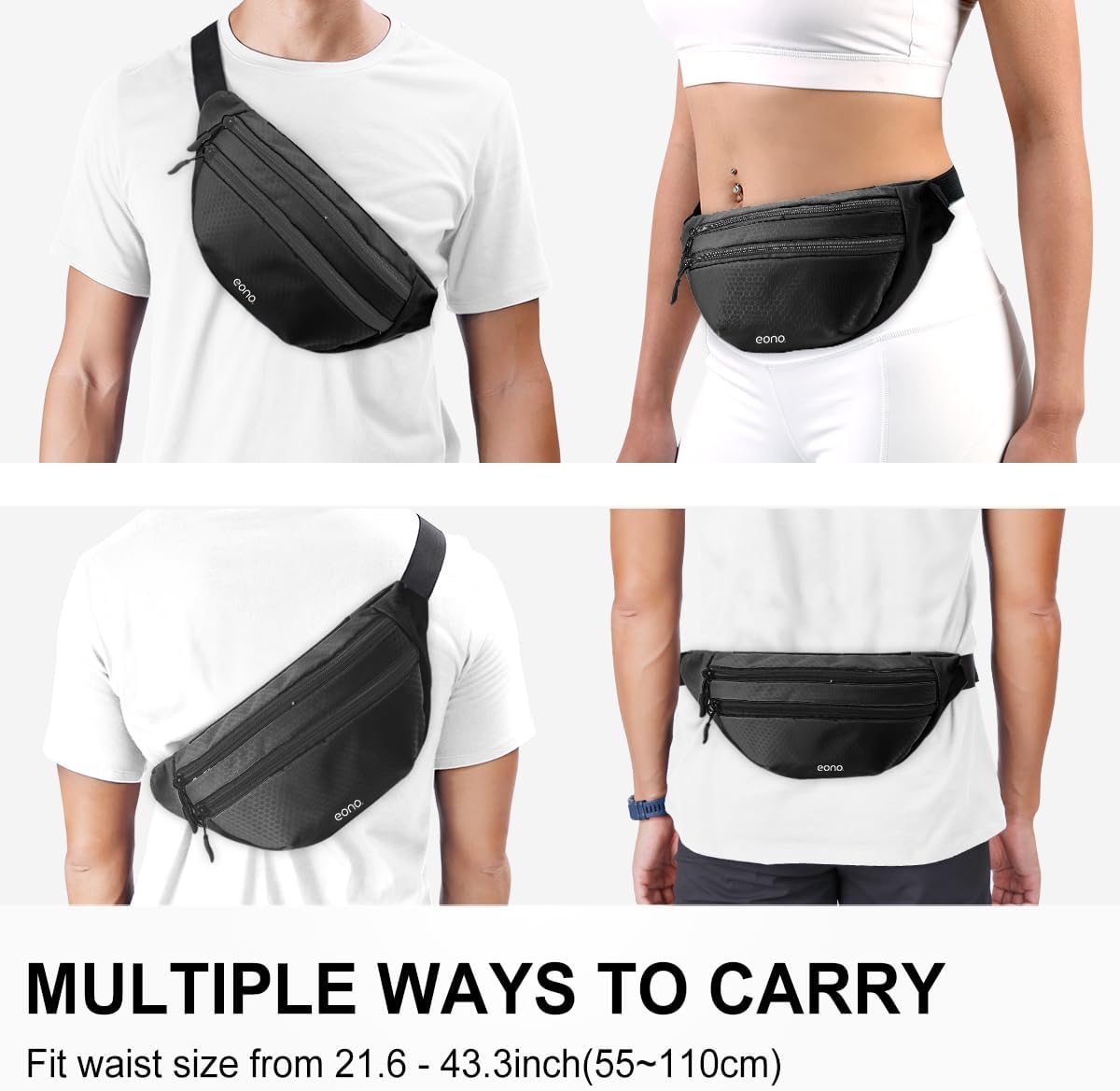Eono Water Resistant Bum Bag Adjustable Strap Double Pocket Black