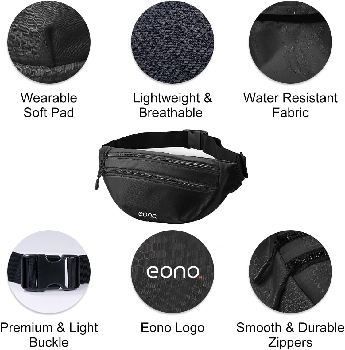 Eono Water Resistant Bum Bag Adjustable Strap Double Pocket Black