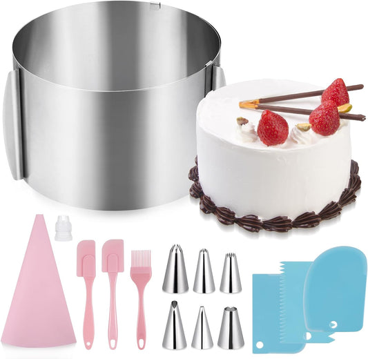Kssvzz Adjustable Stainless Steel Cake Ring Kit with Nozzles & Decorating Tools