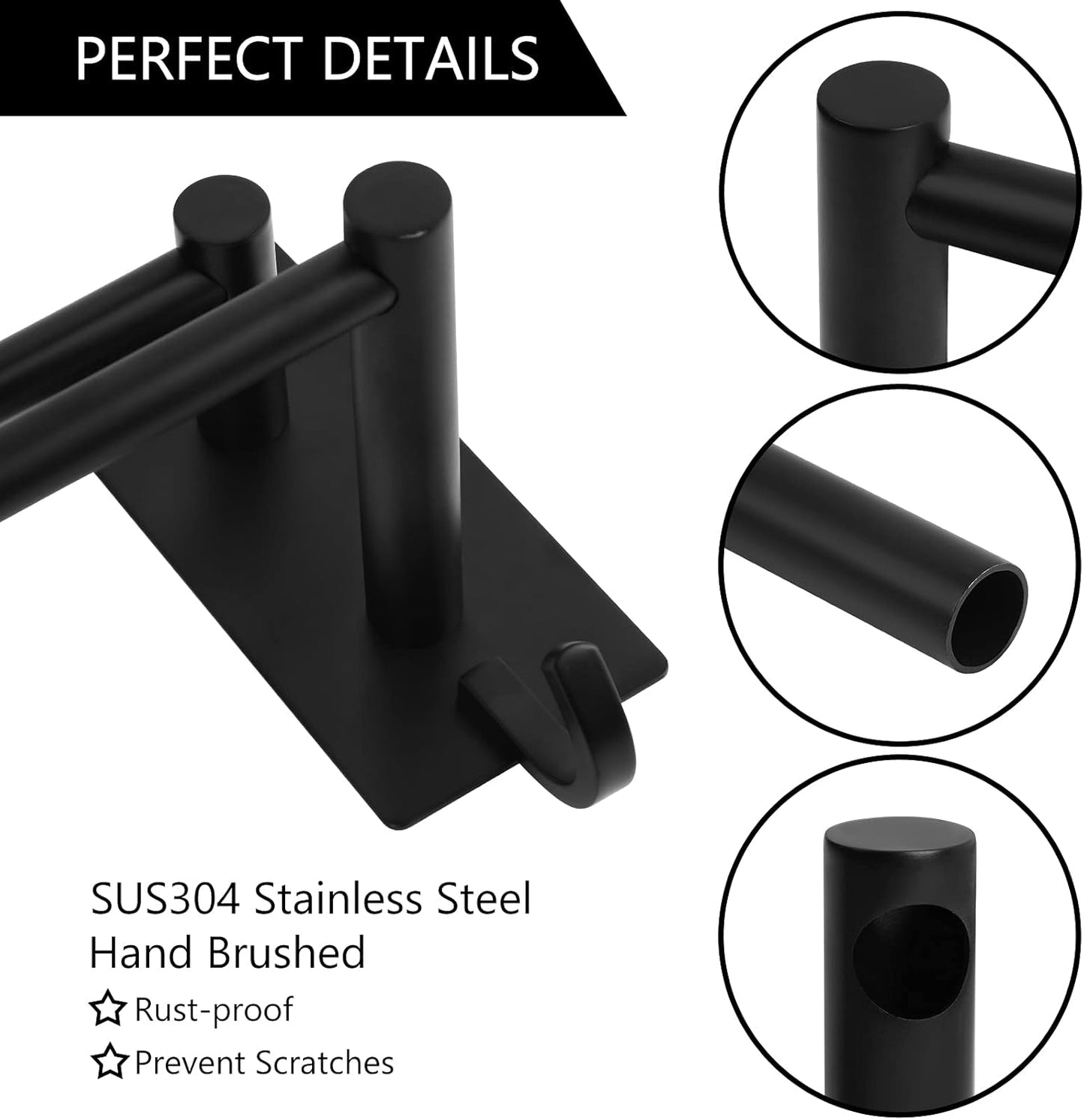 JS Self Adhesive Double Towel Rail Stainless Steel Black B09VB95HZD