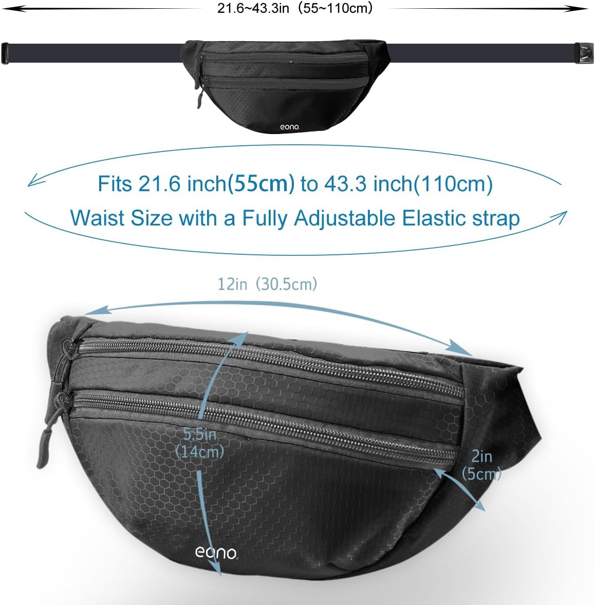 Eono Water Resistant Bum Bag Adjustable Strap Double Pocket Black