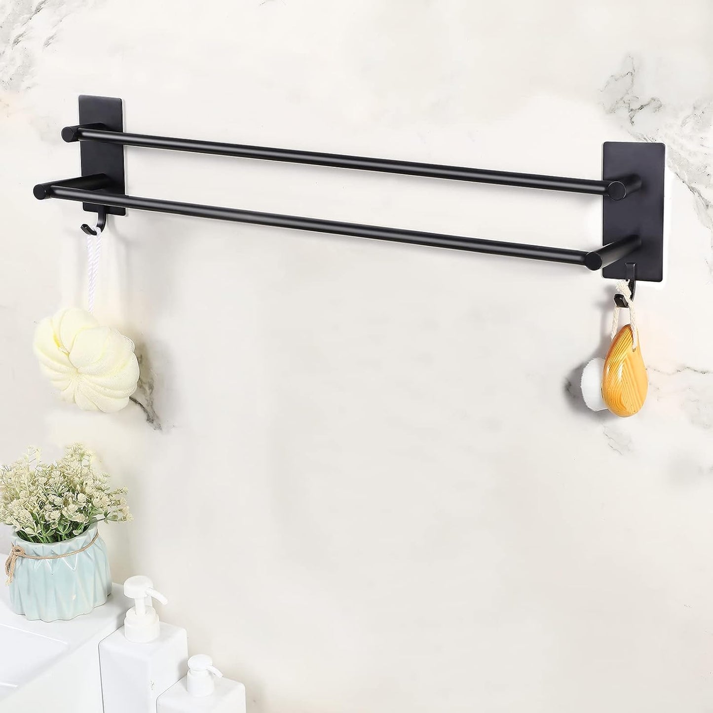 JS Self Adhesive Double Towel Rail Stainless Steel Black B09VB95HZD