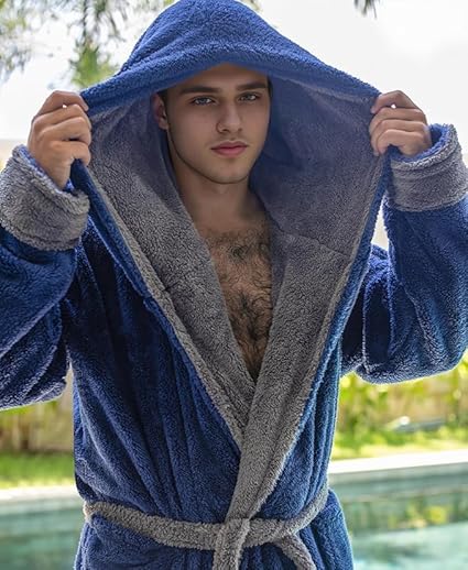 Mens Hooded Dressing Gown Plush Fleece Full Length Bathrobe Warm