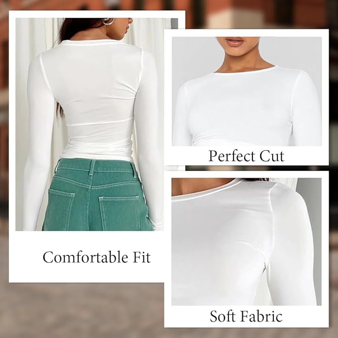Womens Long Sleeve Crop Top Slim Fit Aesthetic Streetwear White