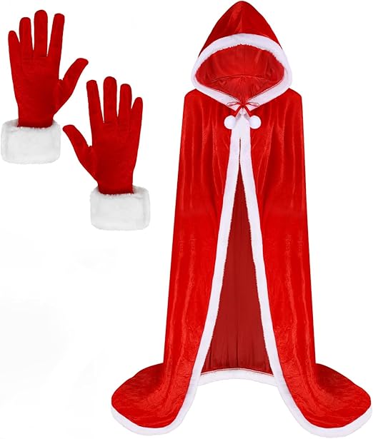 Women’s Santa Velvet Hooded Cape & Gloves Christmas Fancy Dress Set