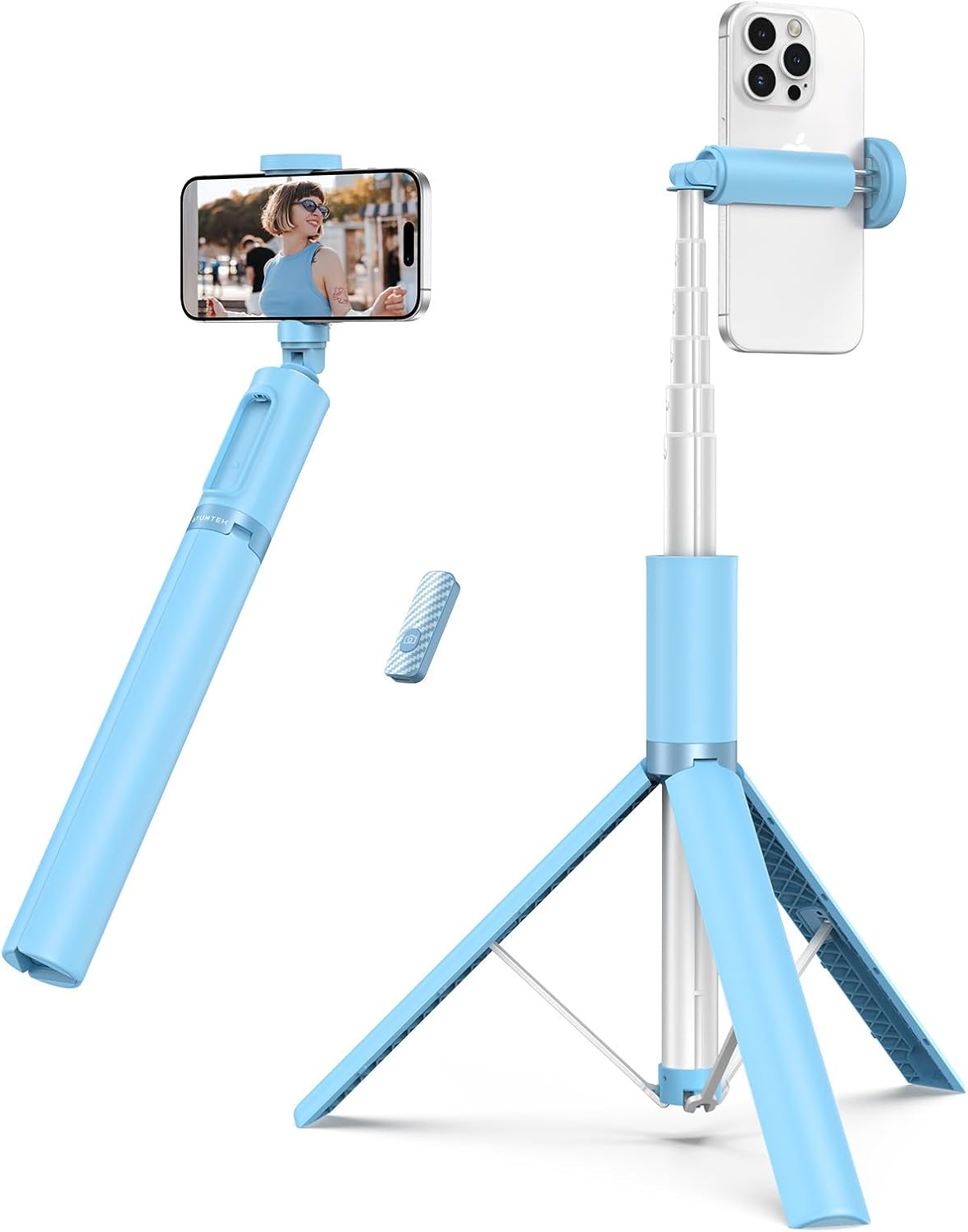 1.4m Selfie Stick Tripod with Rechargeable Bluetooth Remote - Light Blue