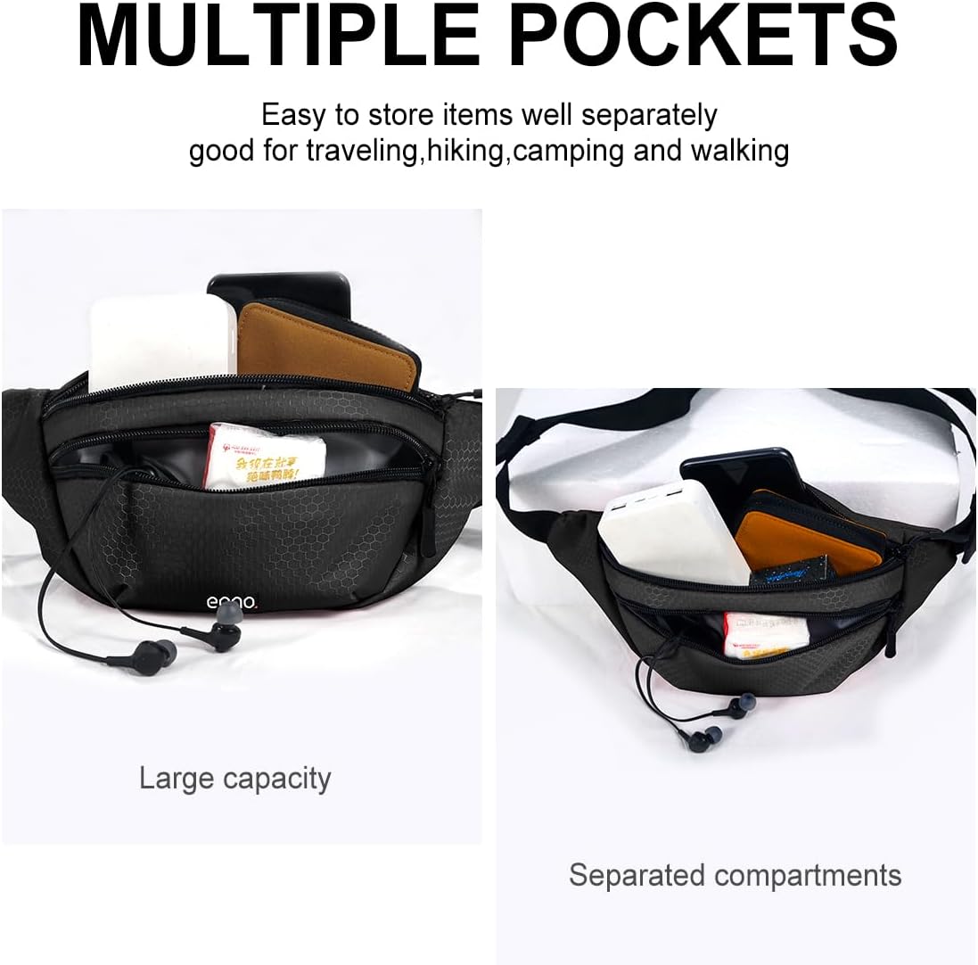 Eono Water Resistant Bum Bag Adjustable Strap Double Pocket Black