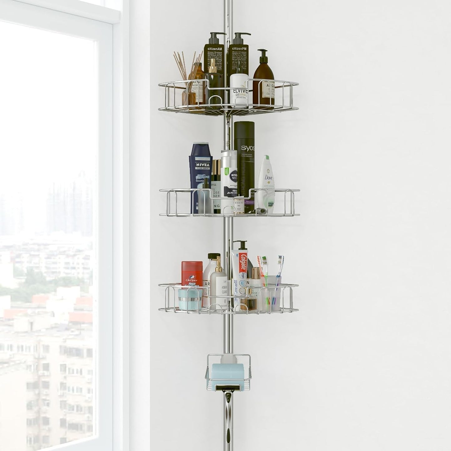 Shower Caddy Corner Storage Adjustable Shelves Tension Pole Silver