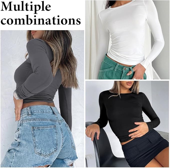Womens Long Sleeve Crop Top Slim Fit Aesthetic Streetwear White