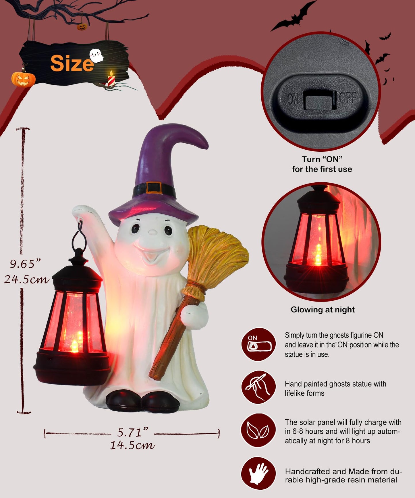 Solar Halloween Ghost Garden Statue with LED Lantern