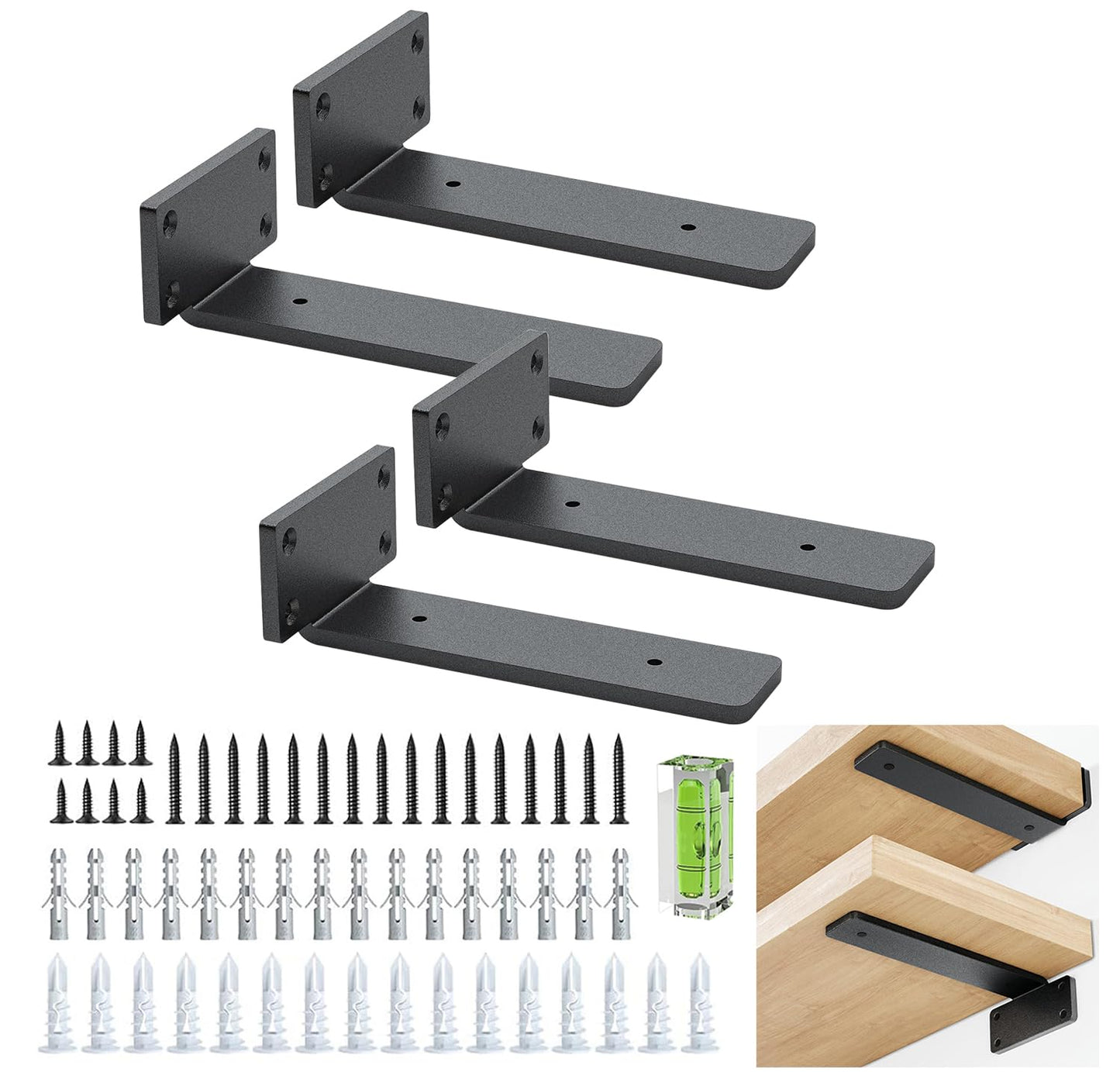Heavy Duty Industrial Shelf Brackets Set of 4, Wall Mount L Shaped Metal Supports for DIY Shelving - Black 15cm
