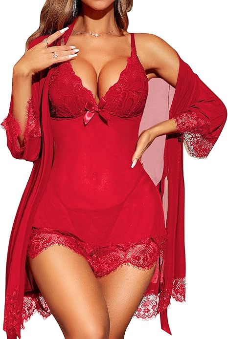 Womens Lace Babydoll Lingerie Set Sexy Nightdress Robe Sleepwear
