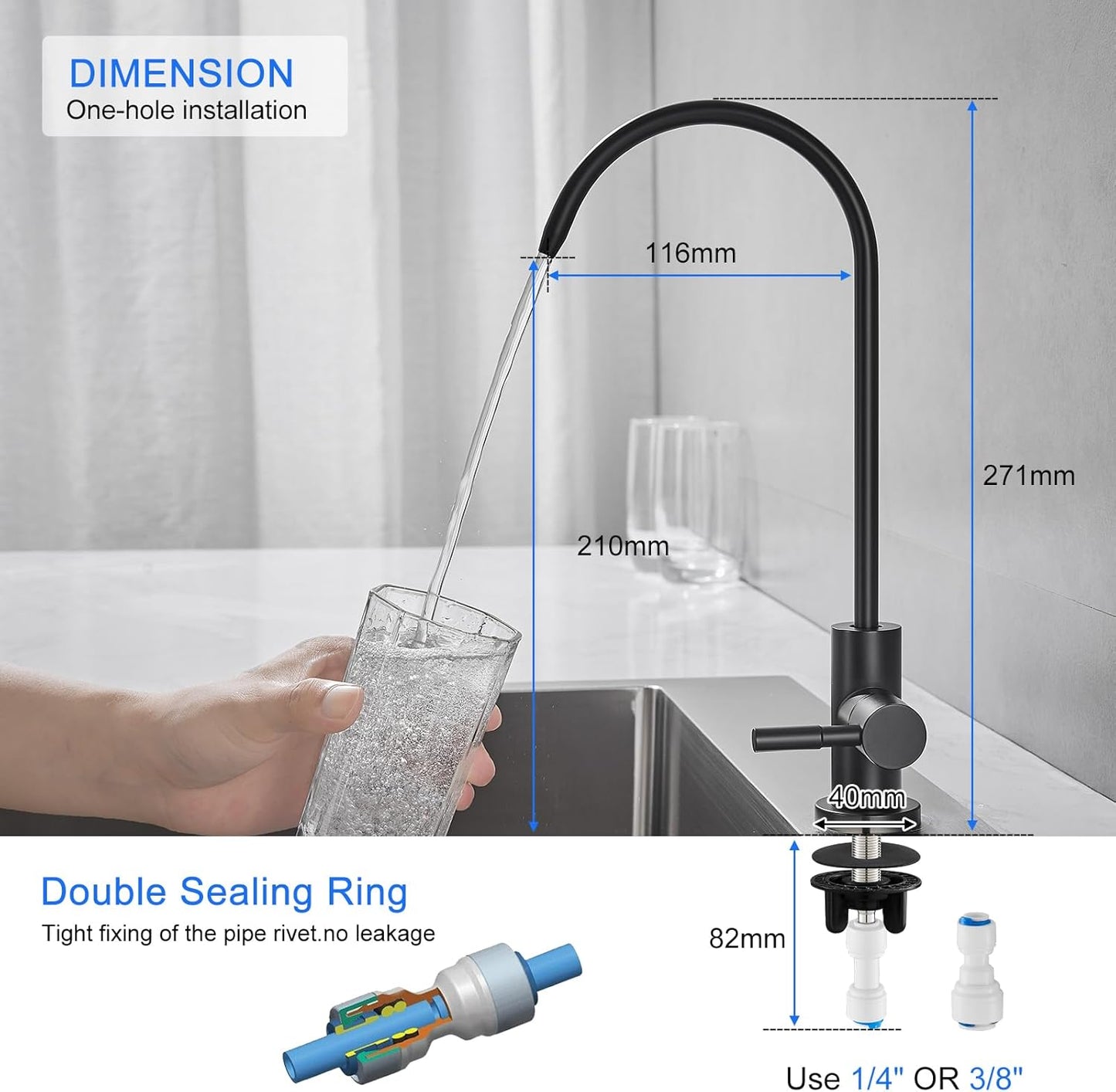 KEOKBON RO Water Filter Tap Stainless Steel Kitchen Faucet Black