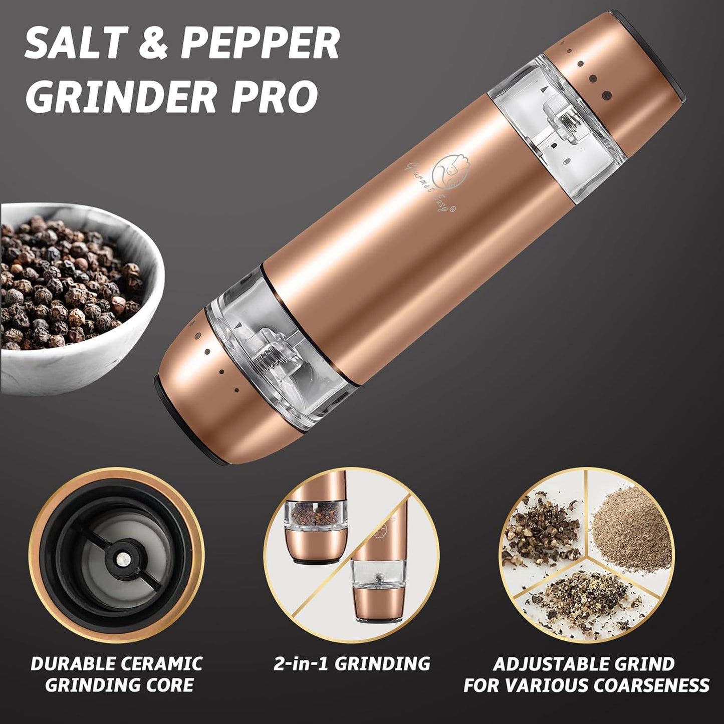 2-in-1 Electric Salt & Pepper Grinder Set, USB-C Rechargeable, Adjustable Mill