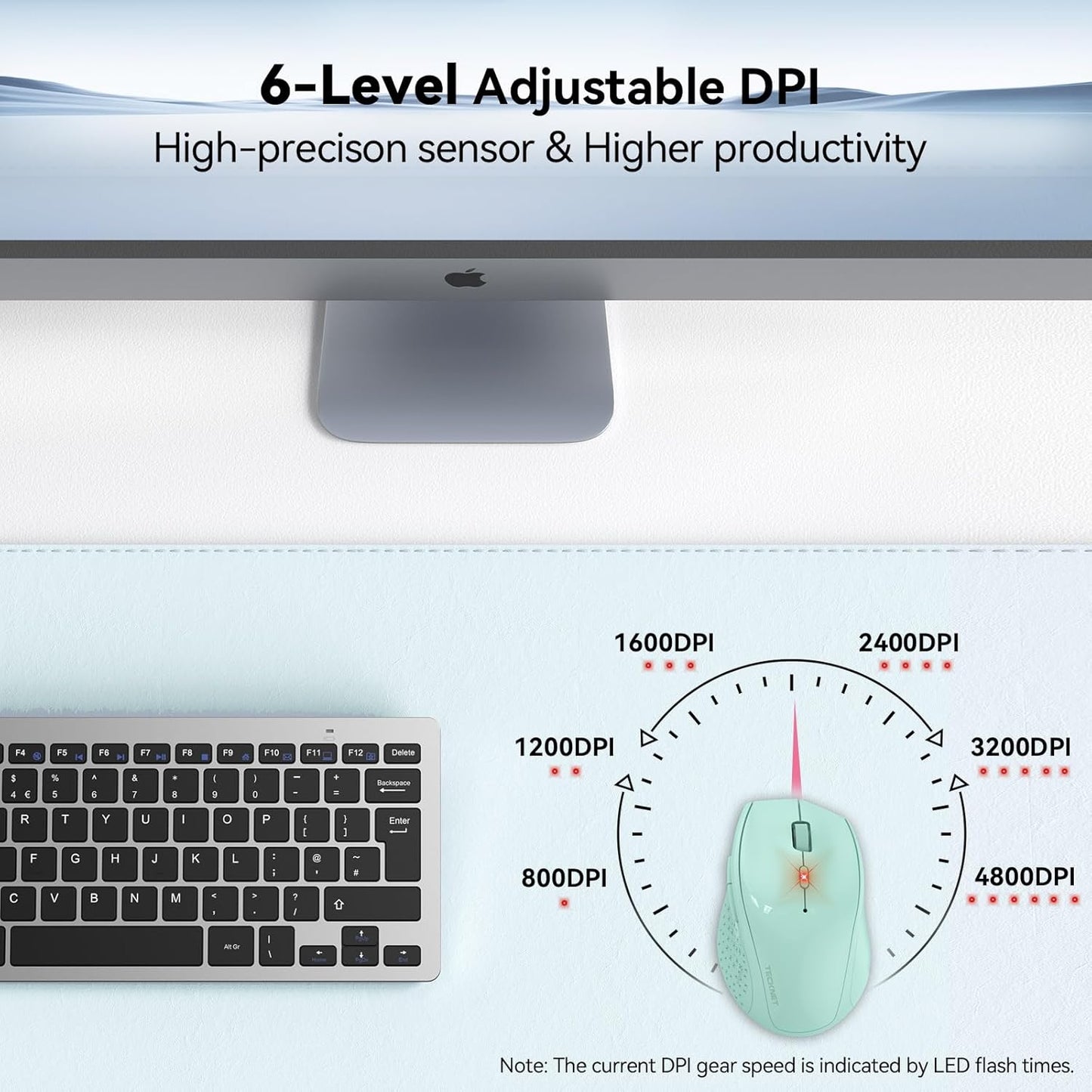 Wireless Mouse 4800 DPI Optical Adjustable Levels Silent USB Green