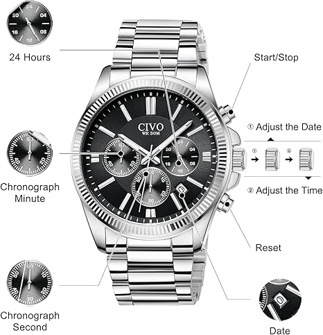 Mens Chronograph Watch Stainless Steel Quartz Waterproof Date Silver