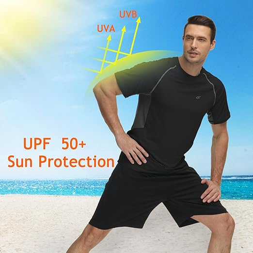 Mens Swim Shirt Rash Guard UPF 50 Short Sleeve Quick Dry Beach