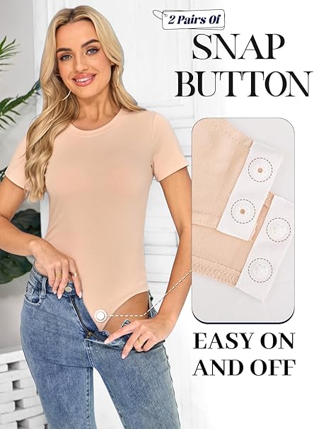 Womens Short Sleeve Bodysuit Slim Fit Stretch Casual Top Nude