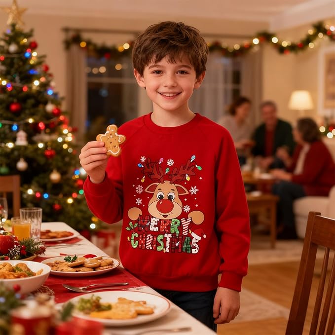 Kids Christmas Jumper Reindeer Crewneck Long Sleeve Festive Sweater