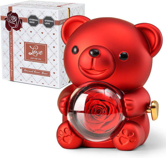 Ariceleo Red Teddy Bear with Preserved Real Rose – Romantic Keepsake Gift