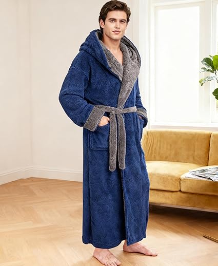 Mens Hooded Dressing Gown Plush Fleece Full Length Bathrobe Warm