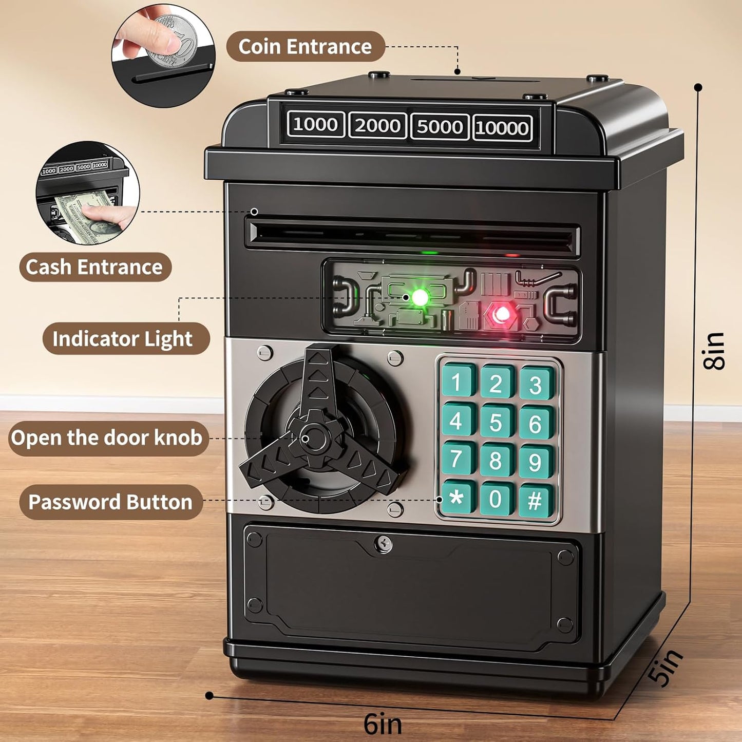 TEMI Electronic Piggy Bank Kids Password Lock Mini ATM Money Box 3‑8 yrs