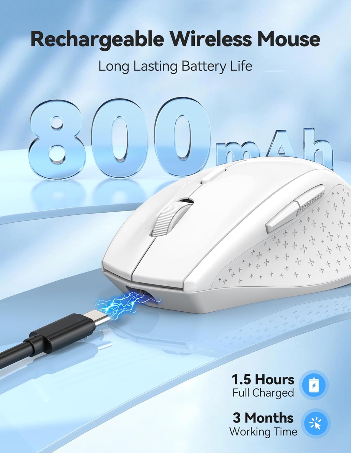 Wireless Mouse 6400 DPI Rechargeable USB Nano Receiver White
