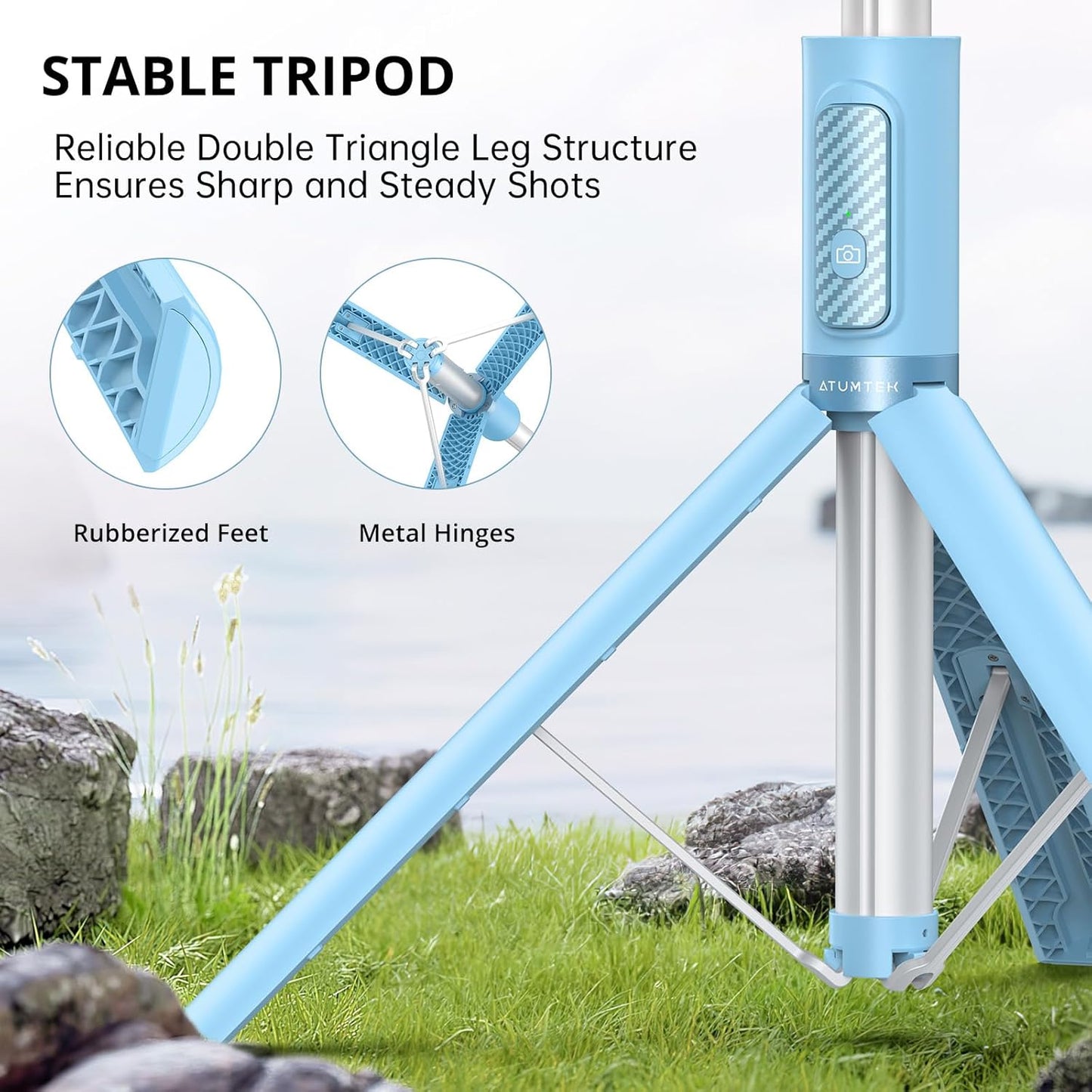 1.4m Selfie Stick Tripod with Rechargeable Bluetooth Remote - Light Blue