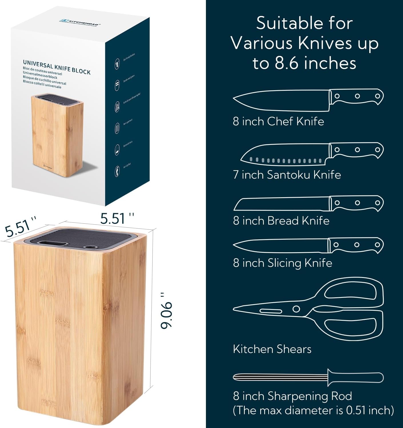 KitchenDAO Bamboo Universal Knife Block – Holds Up to 16 Knives + Scissors & Sharpener