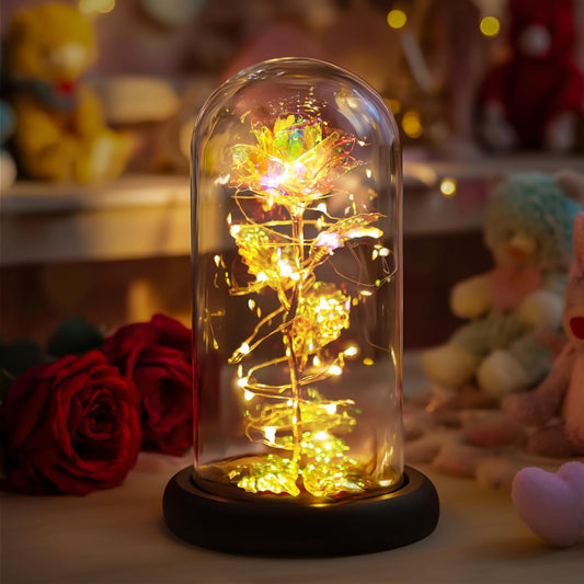 LED Rainbow Roses Glass Dome | Preserved Floral Gift, Night‑Light Décor