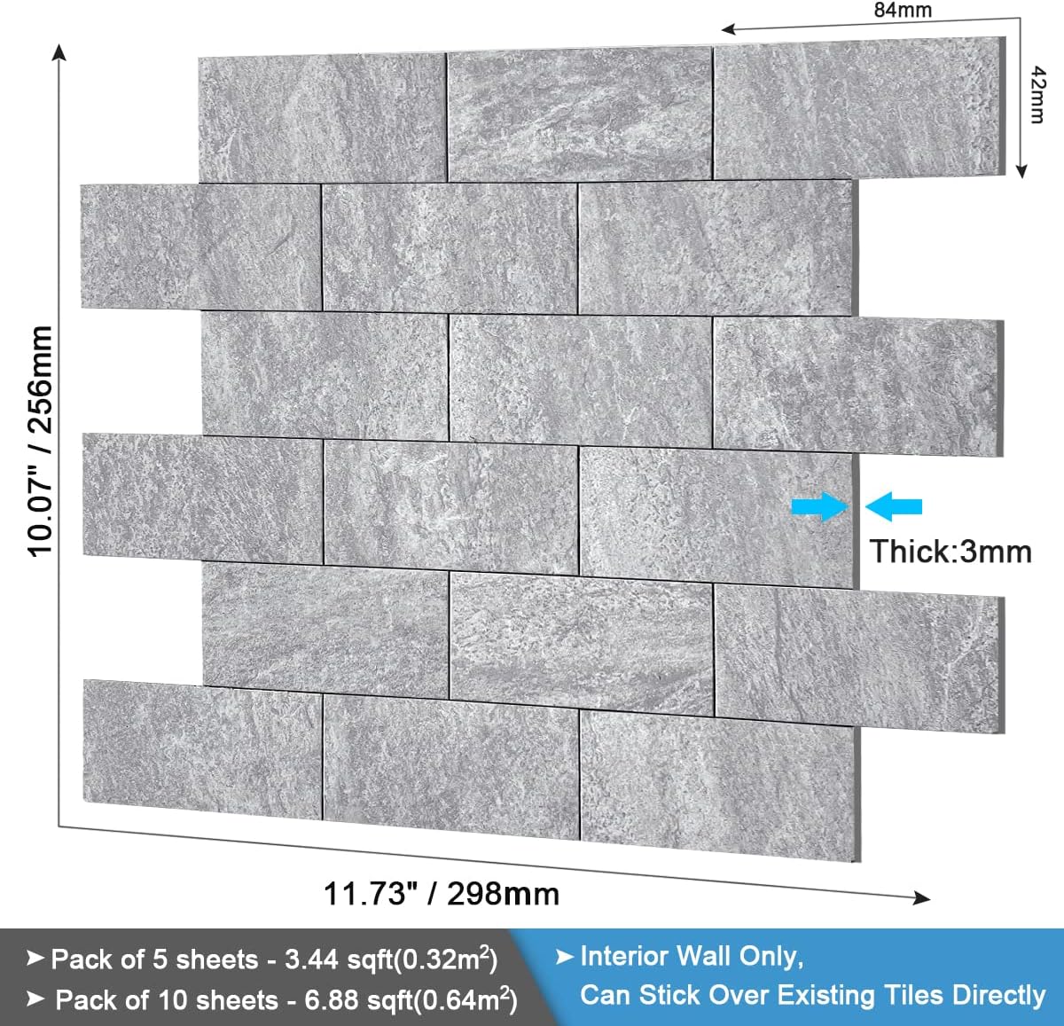 BeNice Peel & Stick 3D Travertine Grey Backsplash Tiles