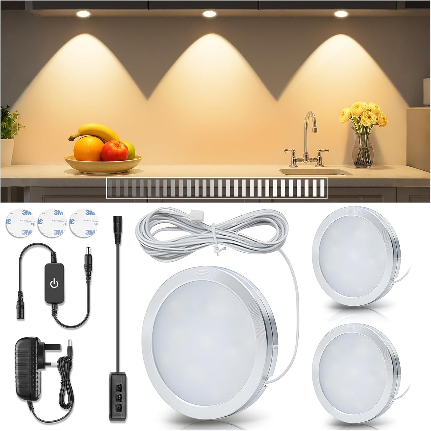 LightingWill LED Under Cabinet Puck Lights 3 Pack Warm White Kitchen Kit B07D6PRDYW