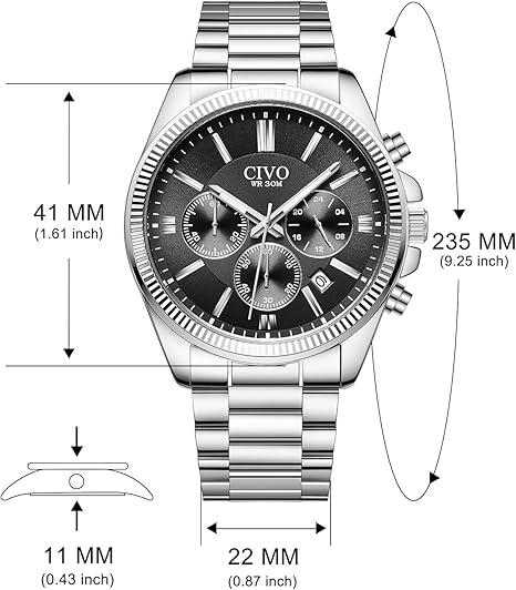 Mens Chronograph Watch Stainless Steel Quartz Waterproof Date Silver