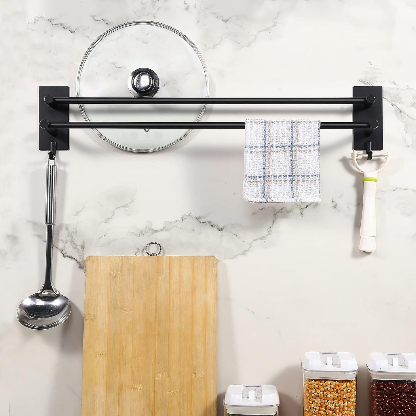 JS Self Adhesive Double Towel Rail Stainless Steel Black B09VB95HZD