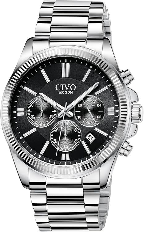 Mens Chronograph Watch Stainless Steel Quartz Waterproof Date Silver