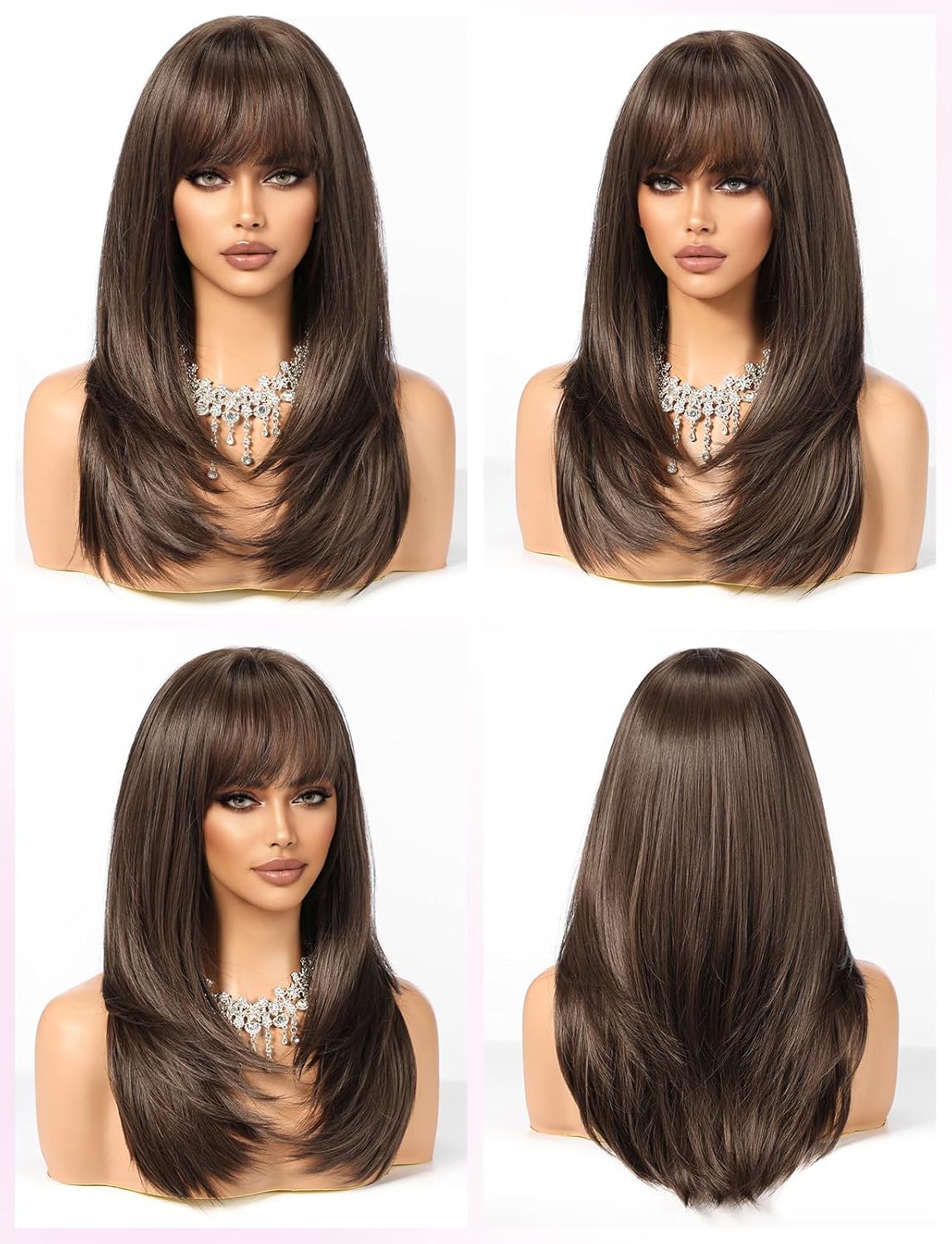 Womens Synthetic Wig Mid Long Straight Layered Fringe Natural Brown