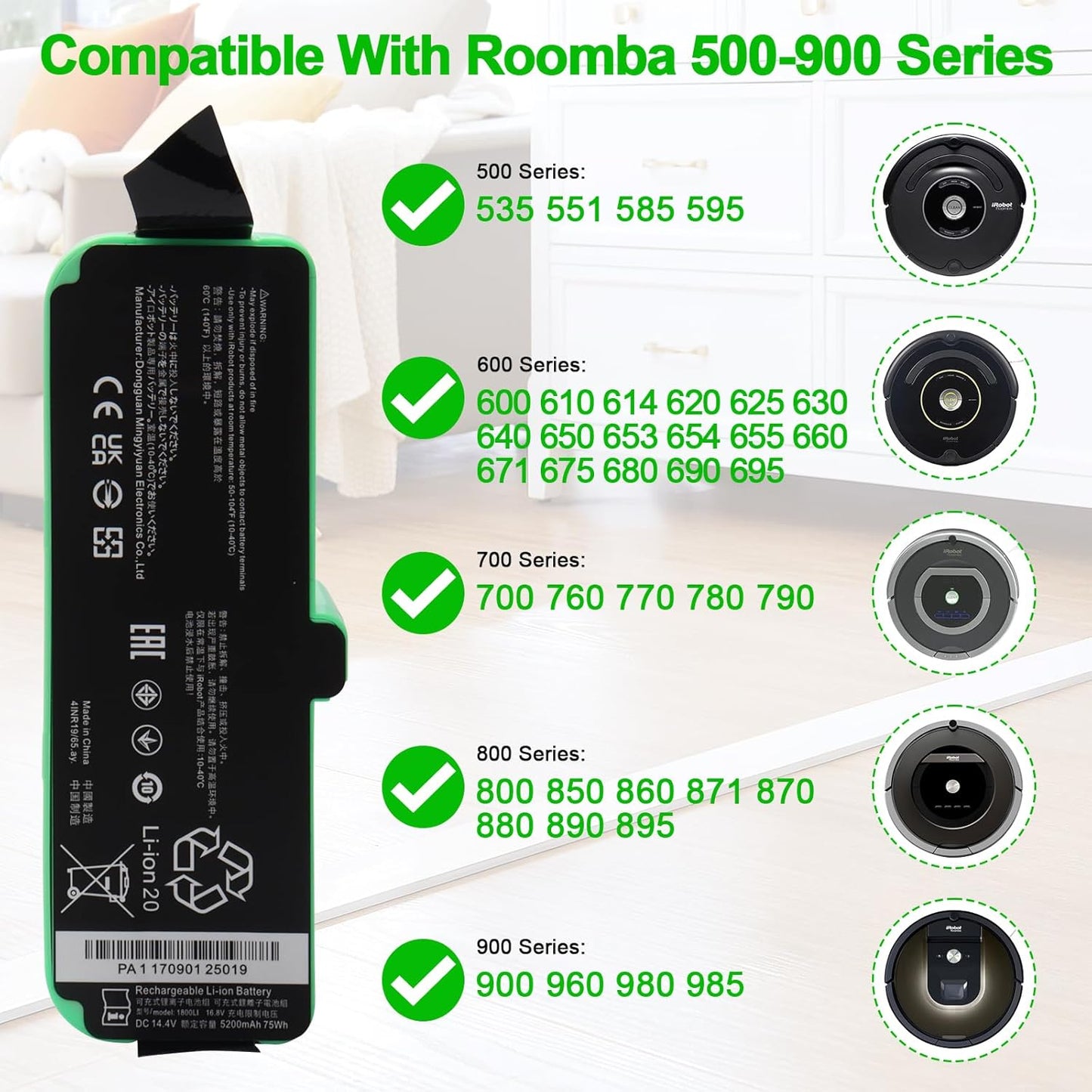 MXJFYY 14.4V 5200mAh Li-ion Replacement Battery for Roomba 500-900