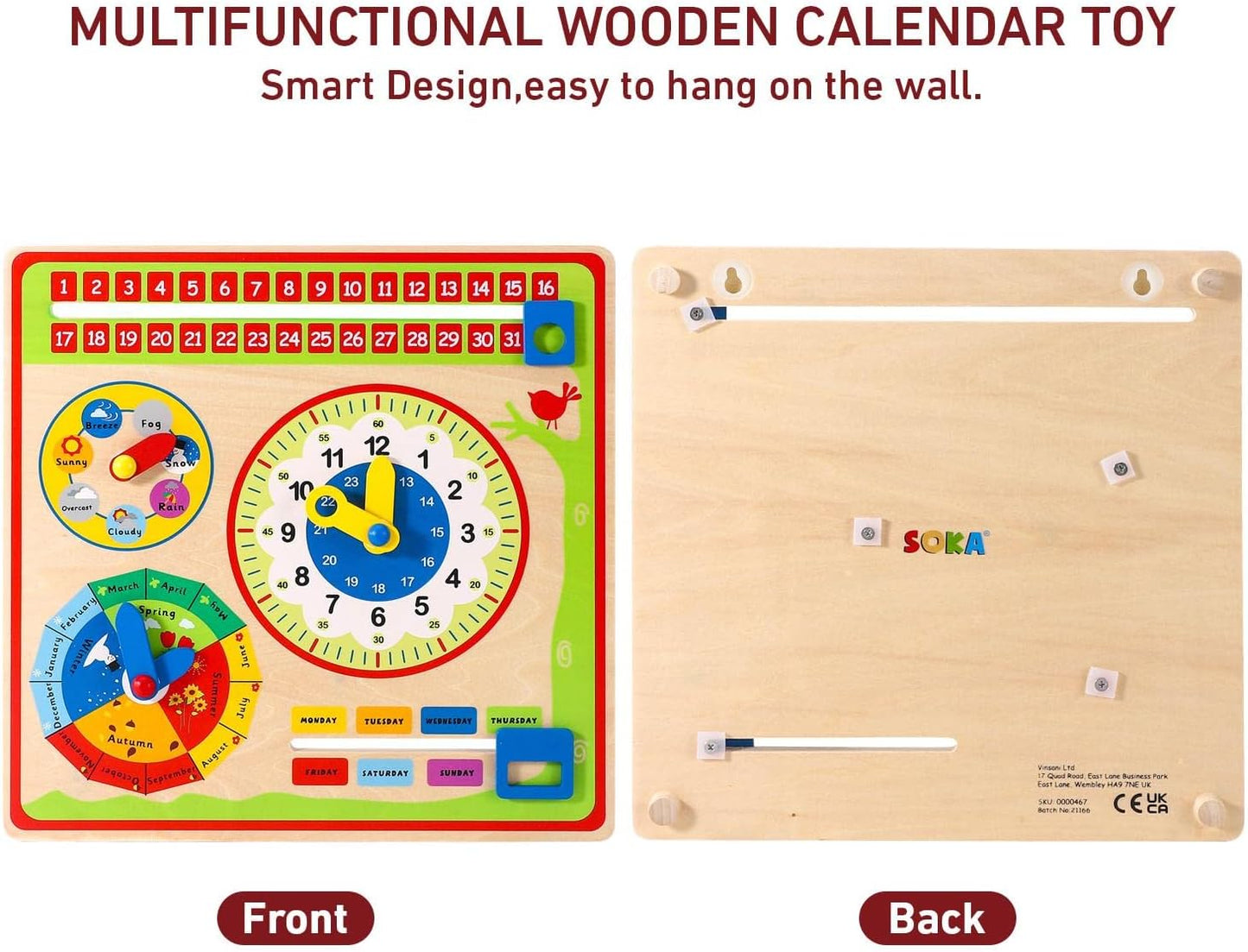 SOKA Wooden Kids Learning Calendar Weather & Time Board Montessori Toy B09MFFCW76